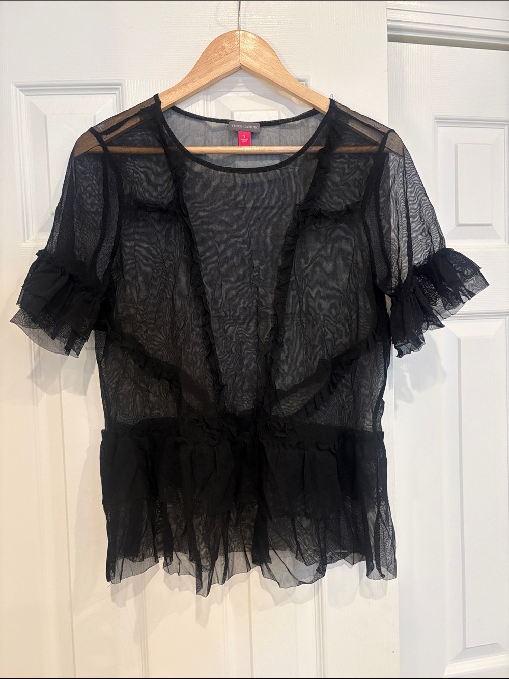 Vince Camuto Sheer Ruffle Short-Sleeve Black Blouse Top